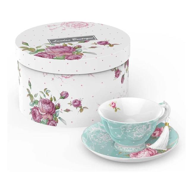 Ensemble Tasse et Soucoupe London Boutique, Thé de l'après-midi, Porcelaine Anglaise Vintage, Bote Cadeau Flora, 200mL