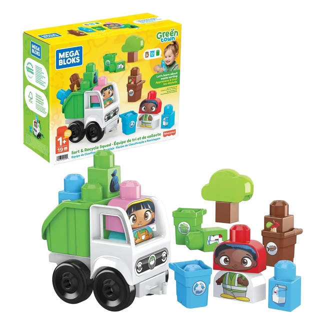 Mega Bloks Equipo de Reciclaje Green Town - Juguete de Construcción - 18 Bloques - Camión y 2 Personajes