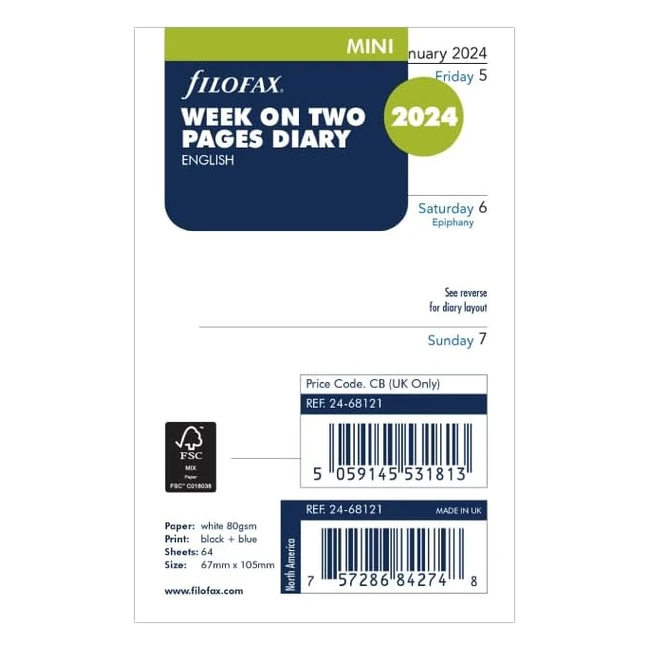Agenda Filofax 2024 - Semana en 2 Páginas - Inglés - Ref. 12345