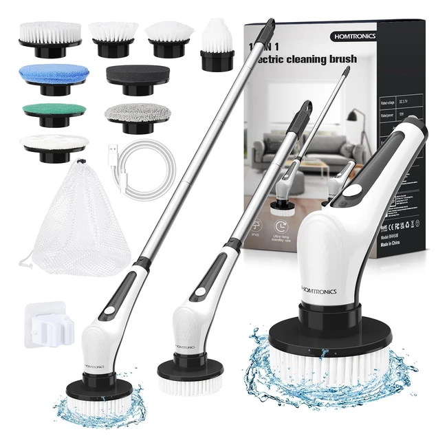 Brosse Nettoyage Électrique IPX8 Imperméable Homtronics - Brosse Rotative Électrique pour Salle de Bain - Sans Fil - Poignée Réglable - 9 Têtes de Brosse pour Plancher - Voiture - Noir