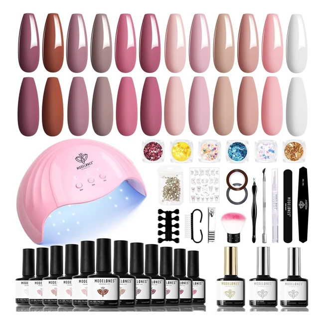 Modelones Gel Nail Kit with 48W Lamp - 12 Colors Pink Gel Polish Set