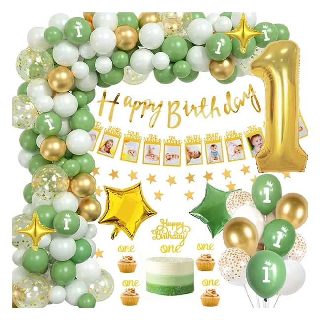 Decoraciones Cumpleaños Niñas - Fiesta Cumpleaños Bebé - Banner Globo Oro Blanco Verde - Para Niña Baby Shower