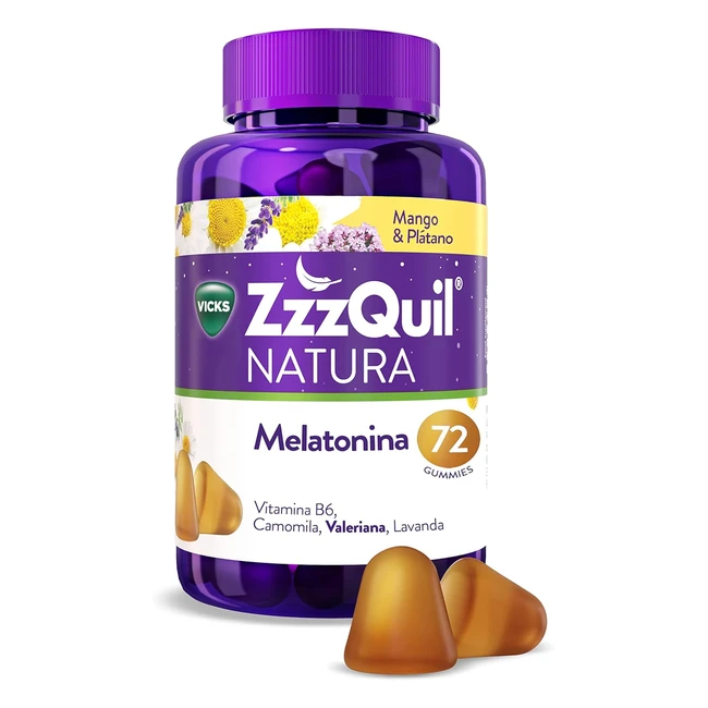 Pastillas para dormir Zzzquil Natura, melatonina pura y extractos de valeriana, camomila y lavanda - 72 gummies sabor mango y plátano
