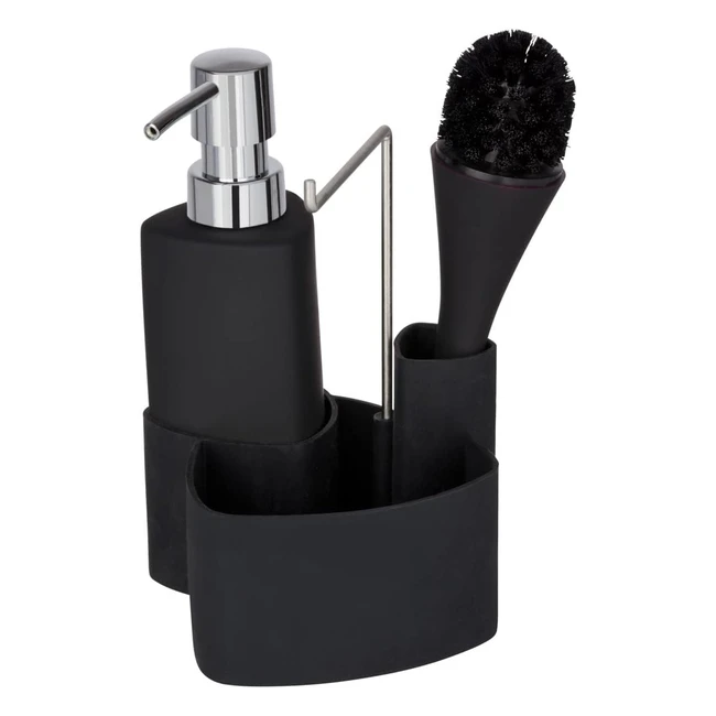 Wenko SPLSET Empire 4-in-1: Spülmittelspender, Spülbürste, Spültuchhalter, Organizer - Keramik, Softtouch Oberfläche - 250ml - Schwarz