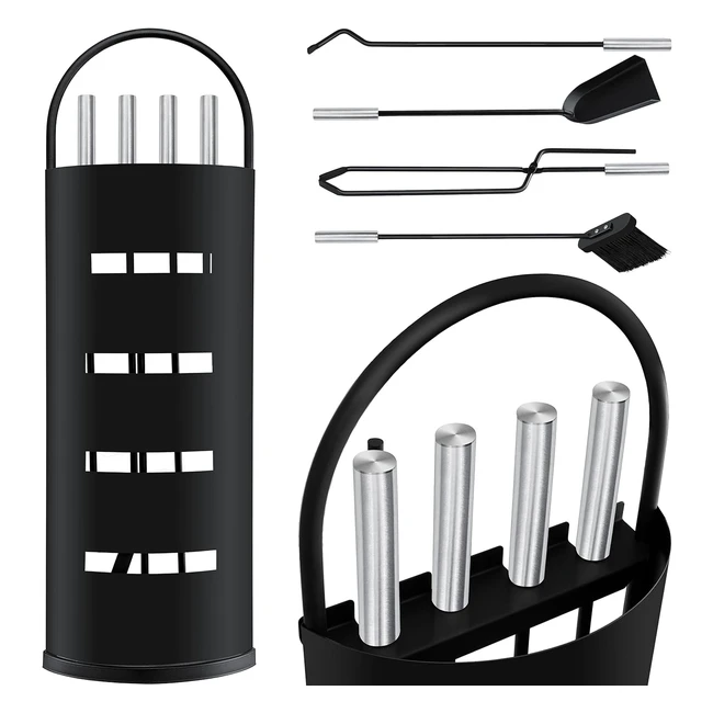 Kesser Kaminzubehör 5-teiliges Kaminset, modernes Design, hochwertig beschichtet, Bürste, Schaufel, Poker, Zange, Ständer mit Sichtschutz, Edelstahl, Schwarz