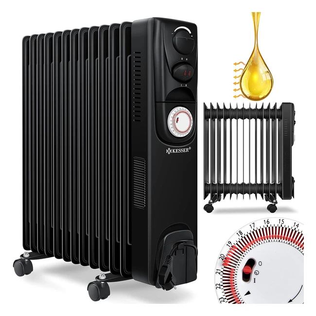 Kesser Ölradiator Elektroheizung 13 Rippen 2500 W mobil Timer Lüfter automatische Abschaltung kontinuierliche Temperaturregelung Überhitzungsschutz