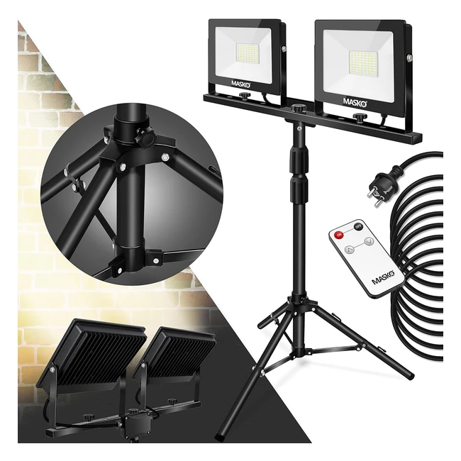 Masko LED Baustrahler mit Stativ, Fernbedienung, 100W, doppel 2x 50W Strahler, 6500K Arbeitsleuchte, Arbeitsscheinwerfer, 5m Bauscheinwerfer, Baustellenlampe, innen außen, hhenverstellbar bis max 202cm