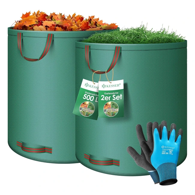 Kesser Garten-Sack 2 x 500 l Set Laubsäcke Gartenabfallsack inklusive Handschuhe Selbststehend 4 Griffe Stabil Robust Faltbar