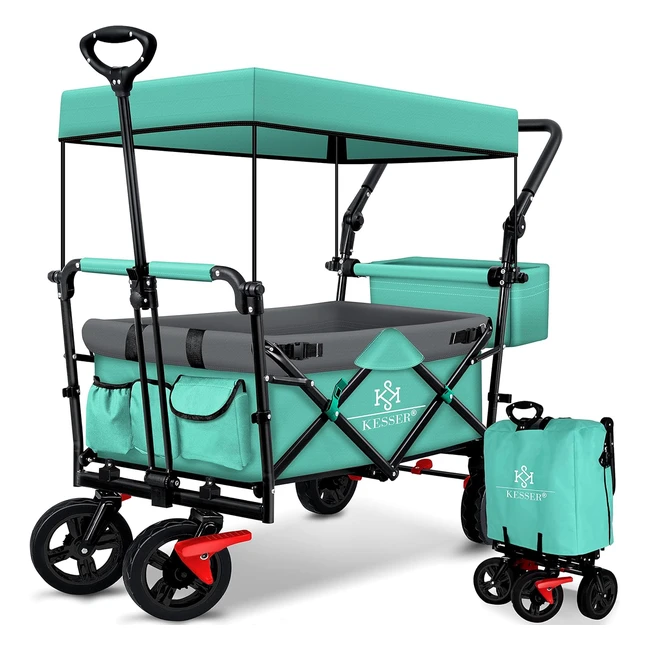 Kesser GT9000 Klappbarer Handwagen mit Dach, Transportkarre mit 2 x 3-Punkt-Gurtsystem, faltbare Vollgummireifen bis 80 kg, vordere und hintere Bremse, Tragetasche, Mintgrün