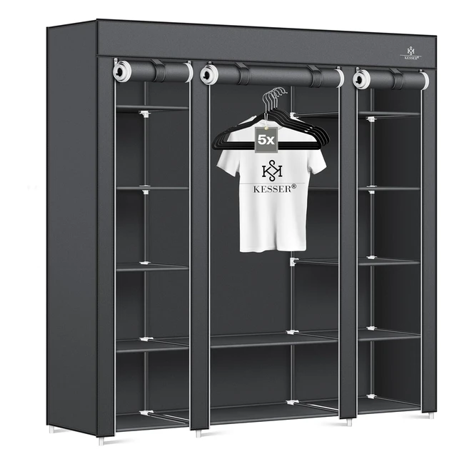 Kesser stabiler Stoffkleiderschrank mit Kleiderstange und Regalen inkl. 5 x Kleiderbügel, faltbarer Stoffschrank für Schlafzimmer Ankleideraum, Kleiderschrank mit Kleiderständer 150 x 45 x 175 cm anthrazit