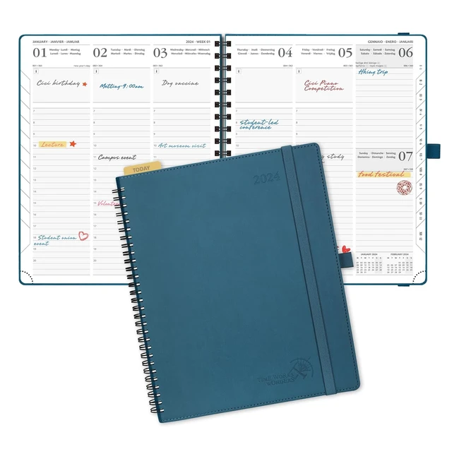 Agenda 2024 Semainier 265x215cm - Poprun, Couverture Souple, Spirale, Règle et Signet - Bleu Nuit