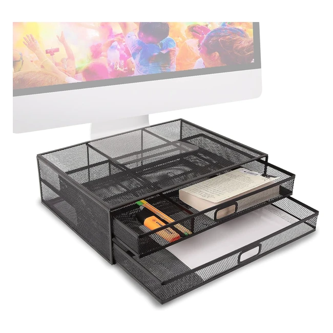 Duronic Monitor Stand Riser with Drawers DM073 - Ergonomic Office Desk Shelf - Black