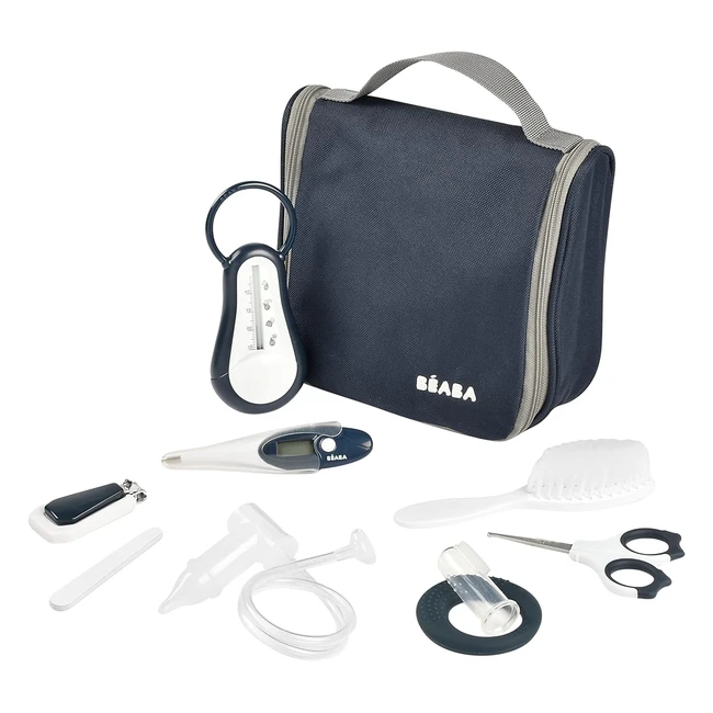 Trousse de toilette bébé nomade - 9 accessoires inclus - Thermomètre de bain, thermomètre digital, anneau de dentition, masseur de gencives - Night Blue