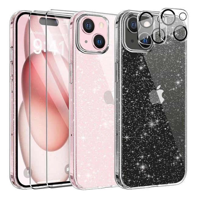 Coque Aroyi 5 en 1 pour iPhone 15 - Paillettes, Verre trempé, Protection caméra