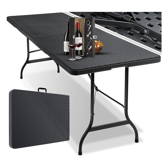 Kesser Plastik-Klapptisch 180 x 75 cm Rattan-Look Campingtisch Partytisch für Garten, Terrasse und Balkon für 6 Personen inklusive Tragegriff