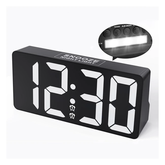 Réveil numérique Mesqool grand écran 18cm LED avec double alarmes - Port Type C/USB - Luminosité/volume ajustable - Fonction snooze - Veilleuse - Adaptateur inclus - Blanc