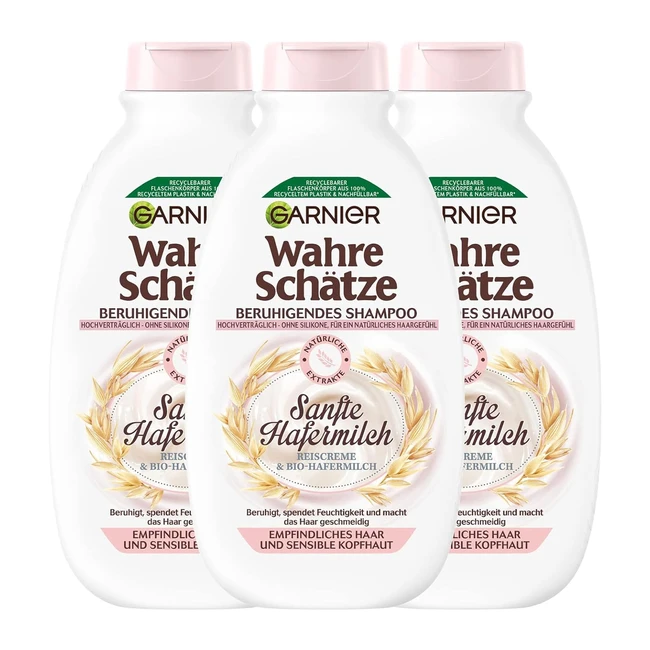 Garnier True Treasures Beruhigendes Shampoo mit zartem Hafermilch für empfindliches Haar und sensible Kopfhaut 3 x 250 ml