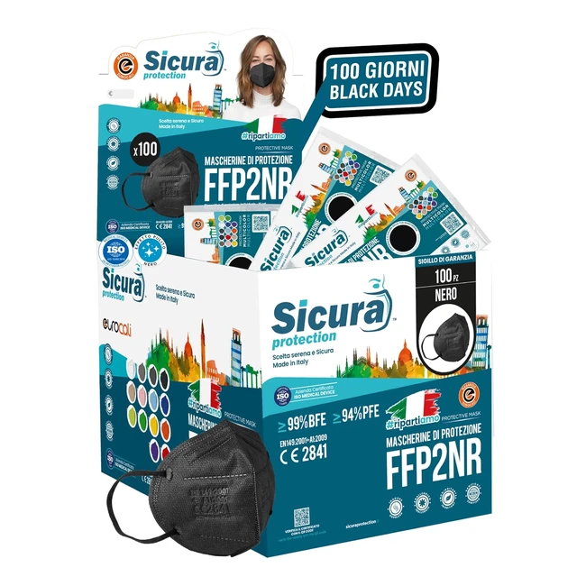 100 Mascherine FFP2 Nere Certificate CE - Alta Protezione BFE 99 - Effetto Pulito - Sigillate - EN 149:2001+A1:2009