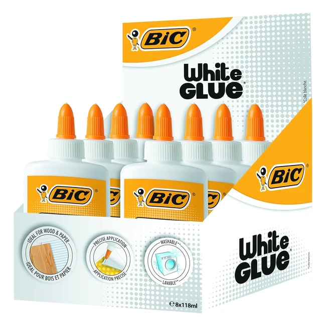 Colle blanche BIC liquide 118 ml - Idéale pour bois et papier - Précise et lavable - Lot de 8