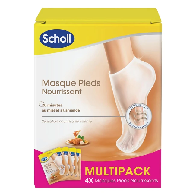 Scholl Lot de 4 Masques Pieds Nourrissant et Hydratant Miel et Amande - Peaux Sèches