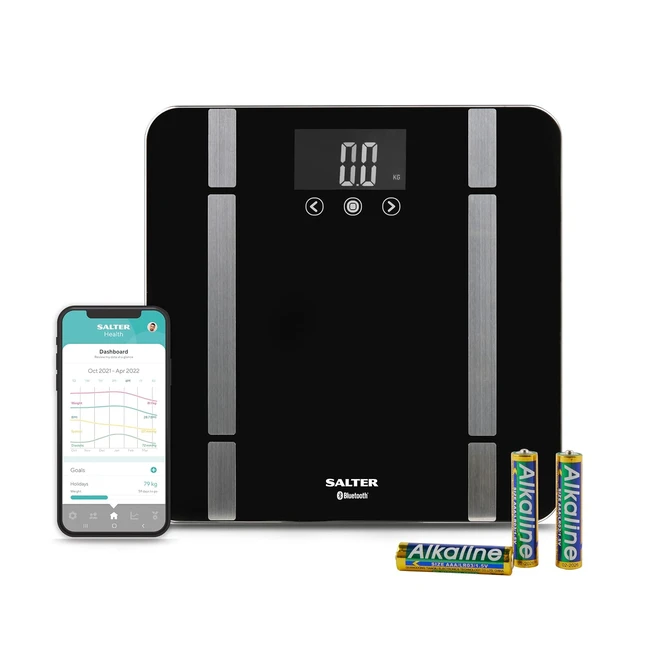 Báscula de Baño Salter SA00432FEU6 Bluetooth MX 200kg - Peso, Grasa y Agua Corporal, Masa Muscular y Ósea, IMC y TMB - Memoria de 8 Usuarios - Conexión a Smartphone con Salter Health App - Negra