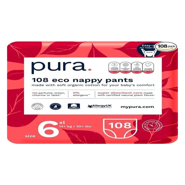 Pura Pannolini Mutandina Ecologici Alta Qualità - Misura 6 (14 kg) - Confezione da 108 Pezzi