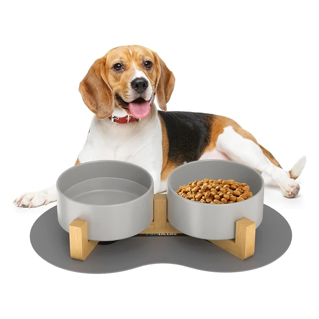 Ciotole per Cani in Ceramica 2 x 850ml con Supporto in Bambù - Antiscivolo - Ciotola per Cani e Gatti - Grigio