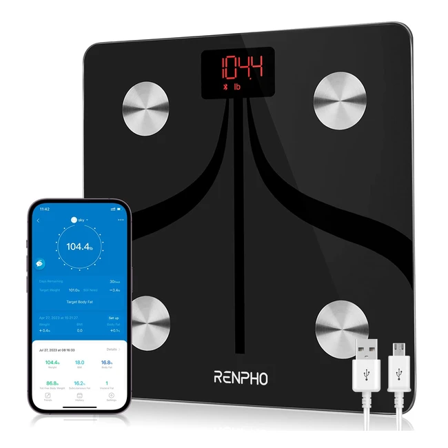 RENPHO Digitale Personenwaage mit Körperfett und Muskelmasse, USB wiederaufladbar, Bluetooth, 180kg
