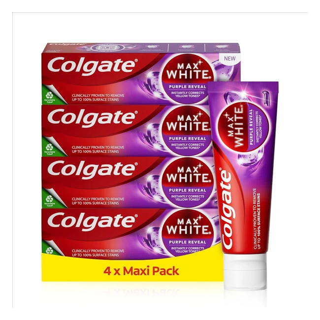 Colgate Max White Purple Reveal Zahnpasta 4 x 75 ml für weißere Zähne und ein strahlendes Lächeln