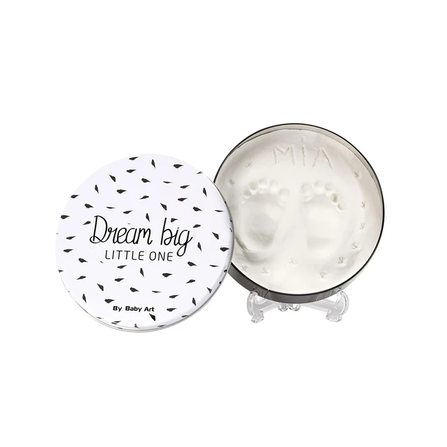 Baby Art Magic Box - Weiße und schwarze runde Metallbox mit Modelliermasse Set für Hand- und Fußabdruck - Geschenk zur Geburt oder Taufe