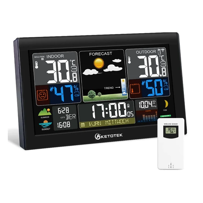 Stazione Meteo Wireless Ketotek con Sensore LCD - Termometro, Igrometro, Radiosveglia, Barometro
