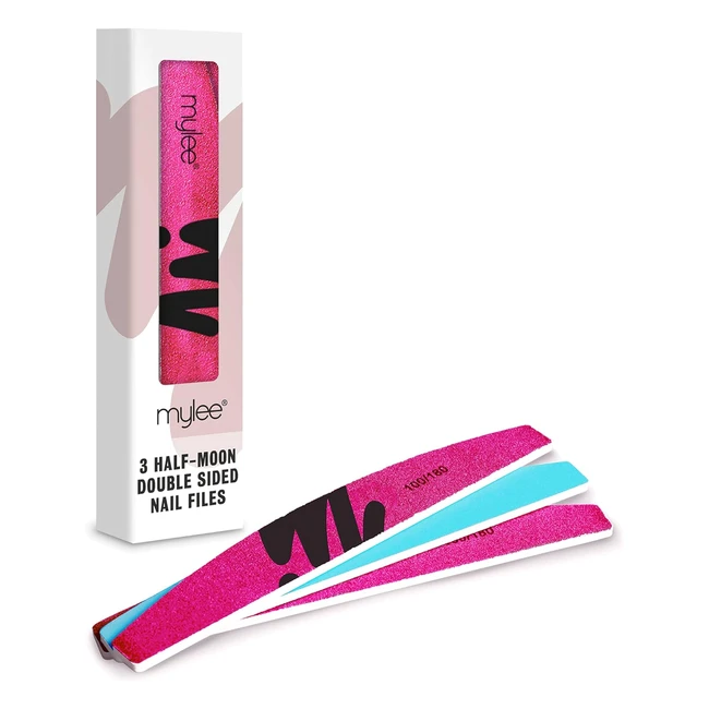 mylee 3 Pack Double Sided Half Moon Nail File 100/180 Grit - Salon Quality Nails Professional Manicure Tool