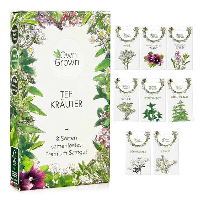 Teekräutersamen Set 8 Sorten für Balkon und Garten - Pfefferminze Kamille Anis Brennnessel Malve - Kräutersamen Tee Teebox