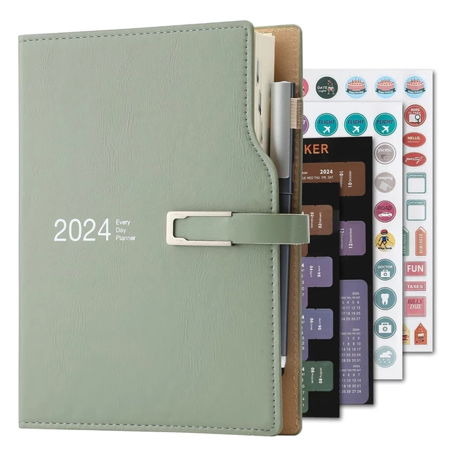 Agenda Académica 2024 A5 - Organizador de Horarios - Calcomanas de Calendario - Soporte para Bolígrafo - Papel Grueso - Verde