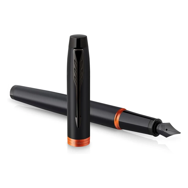 Parker IM Vibrant Rings - Penna stilografica lacca nera satinata - Accenti arancione fiamma - Punta fine