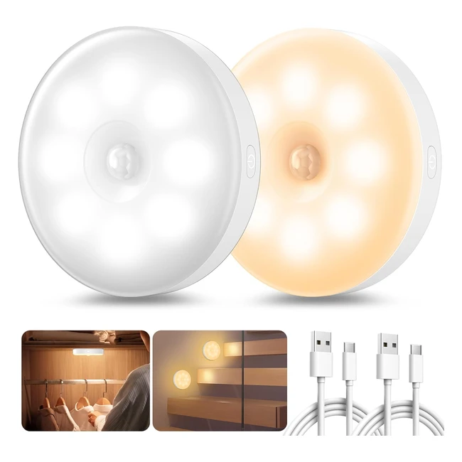 Lampe détecteur de mouvement rechargeable USB - Veilleuse intelligente pour couloir, cuisine, escalier - 2 pièces