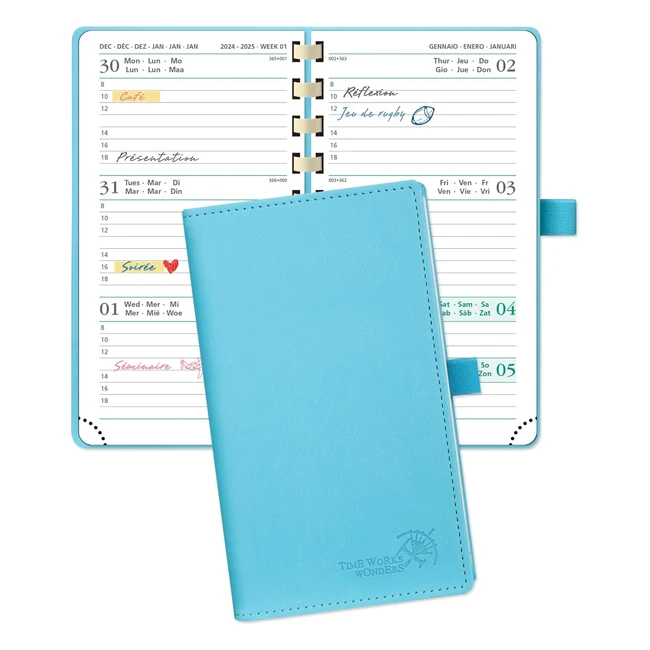 Agenda de poche 2024 - Poprun - 165 x 9 cm - Planner semainier - Couverture souple - Fente pour carte - Certifié FSC100 - Bleu vert