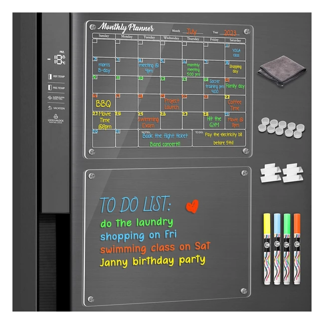 Lot de 2 Calendriers Magnétiques Frigo 40x30cm - Tableau Transparent Effaçable Sec en Acrylique - 4 Marqueurs Craie Couleurs