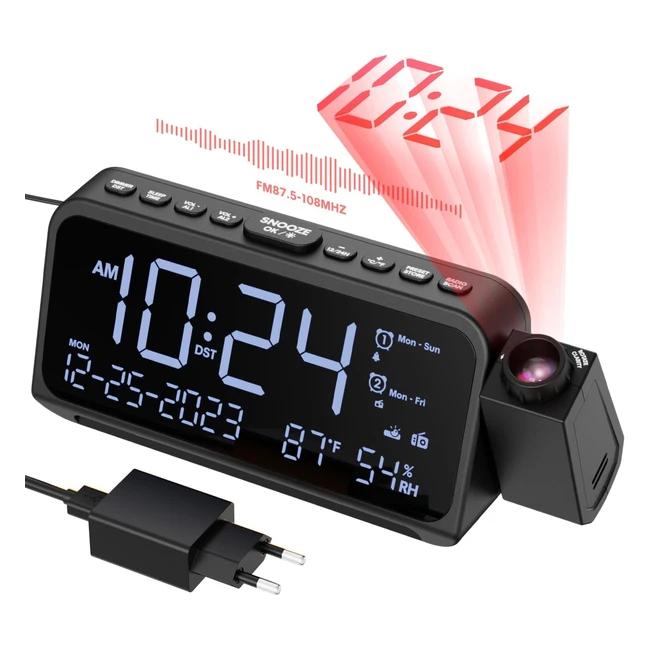 Sveglia Proiettore 66'' Radio Digitale Comodino - Rotazione 270° - Luminosità Regolabile - USB Ricarica