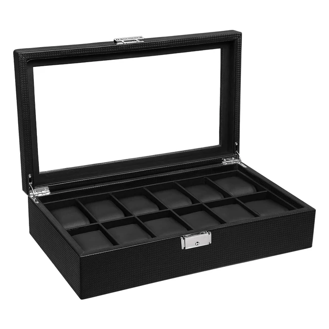SONGMICS Uhrenbox mit 12 Fächern - Großer Uhrenkasten mit Glasdeckel - Tolles Geschenk - Schwarz