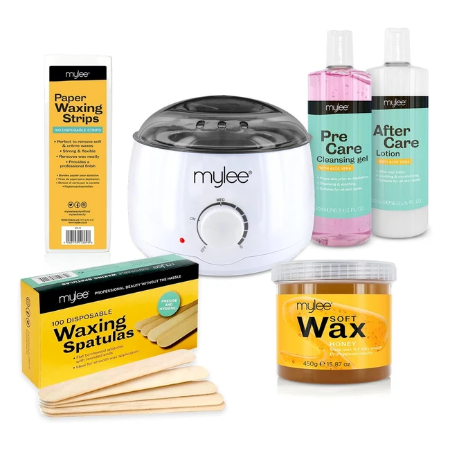MYLEE Complete Waxing Kit - Salon Quality Wax Heater, Soft Cream Wax, Waxing Strips, Spatulas, and Pre/After Care Lotion