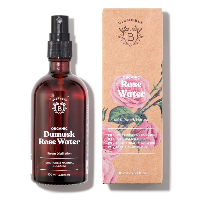 Bionoble Organic Rose Water 100ml - 100% Pure & Natural - Damask Rose Hydrolat - Face, Eye, Body, Hair - Glass Bottle