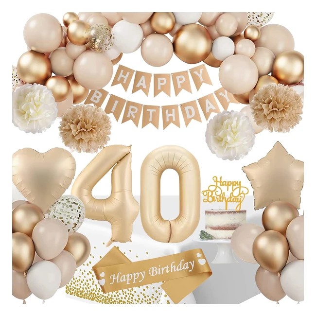 Décoration anniversaire 40 ans femme - Ballon beige or avec bannière joyeux anniversaire