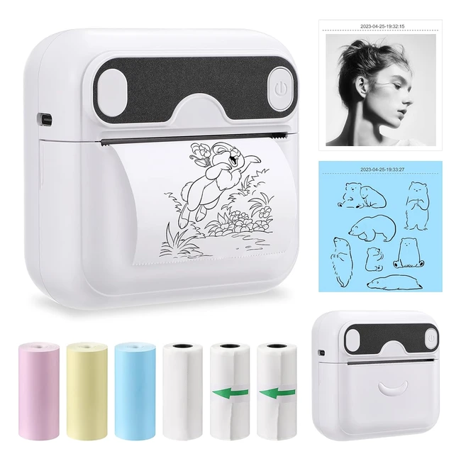 Mini imprimante thermique portable BT sans encre - Rapide et fiable - 6 rouleaux de papier inclus