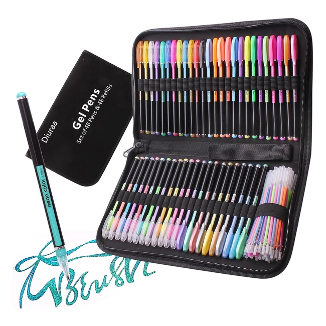 Penne Gel Diuraa per Libri da Colorare per Adulti - 48 Penne Gel Colorate con Ricariche - Disegna e Scarabocchia