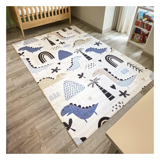 Tapis enfant dinosaure et carte du monde - Nazar 740 bleu 120x160 cm