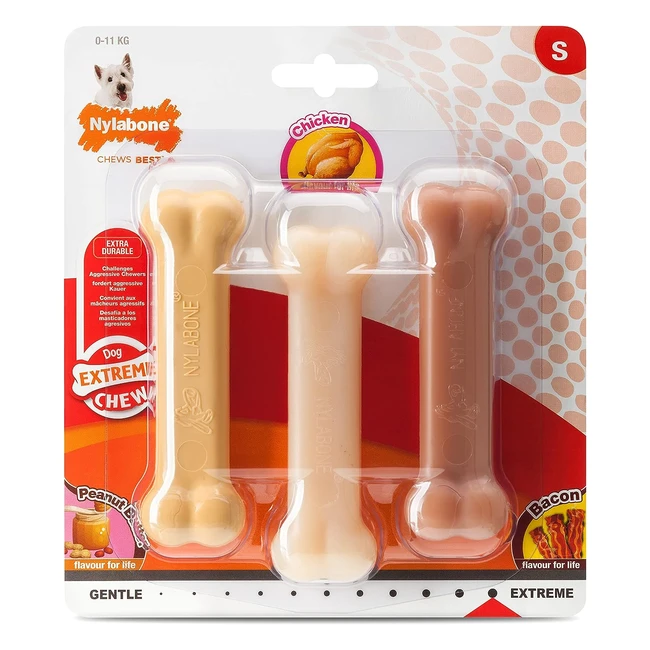 Nylabone Extreme Tough Dog Chew Toy Bones - Peanut Butter Chicken Bacon Flavoured - 3 Piece - Small - Up to 11 kg