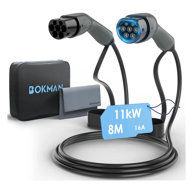 Cable de carga rápida para vehículo eléctrico tipo 2 - Bokman EV, 16A 11kW, 8 metros