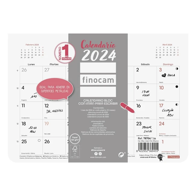 Calendario magnético nevera 2024 Finocam Bloc Chic con imán - Enero a Diciembre - 12 meses - Español