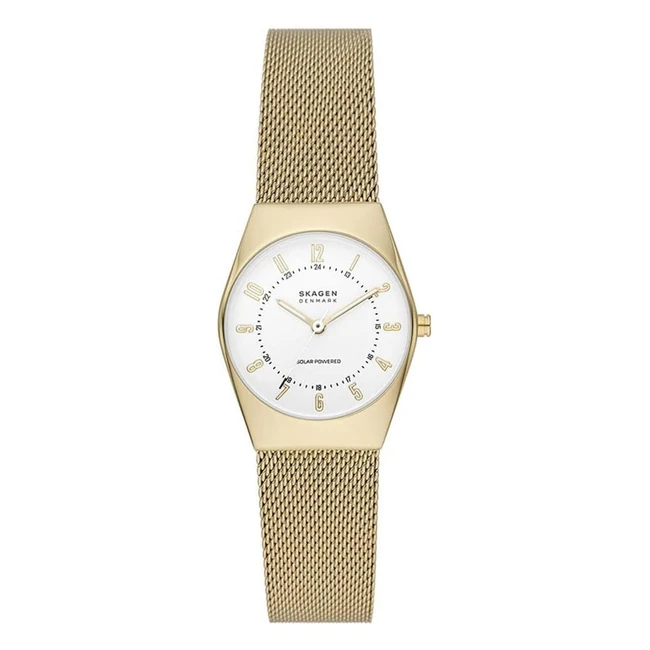 Skagen Damenuhr Grenen Lille Solar - Solarbetriebenes Dreizeiger-Uhrwerk - 26mm - Goldfarbenes Edelstahlgehäuse mit Edelstahlmesharmband - SKW3077